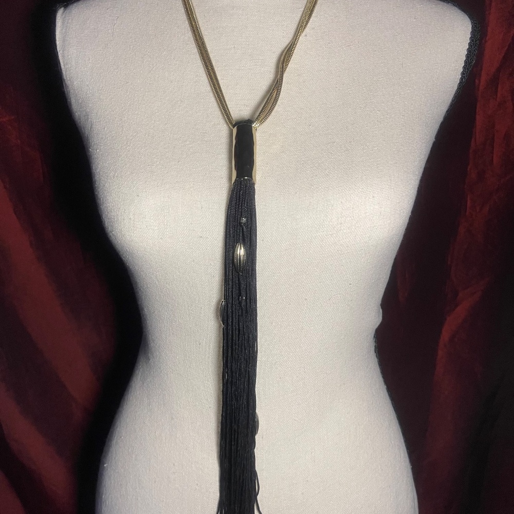 Chico's Long gold Chain Necklace With Long Black Tassel